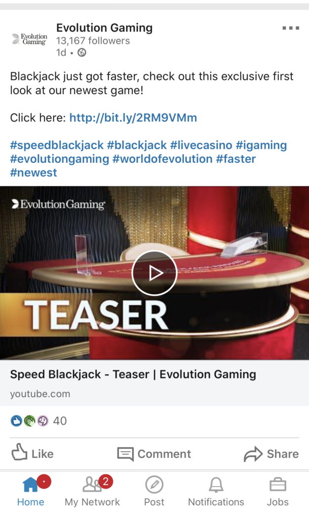 Speed Blackjack by Evolution Gaming announced on social media